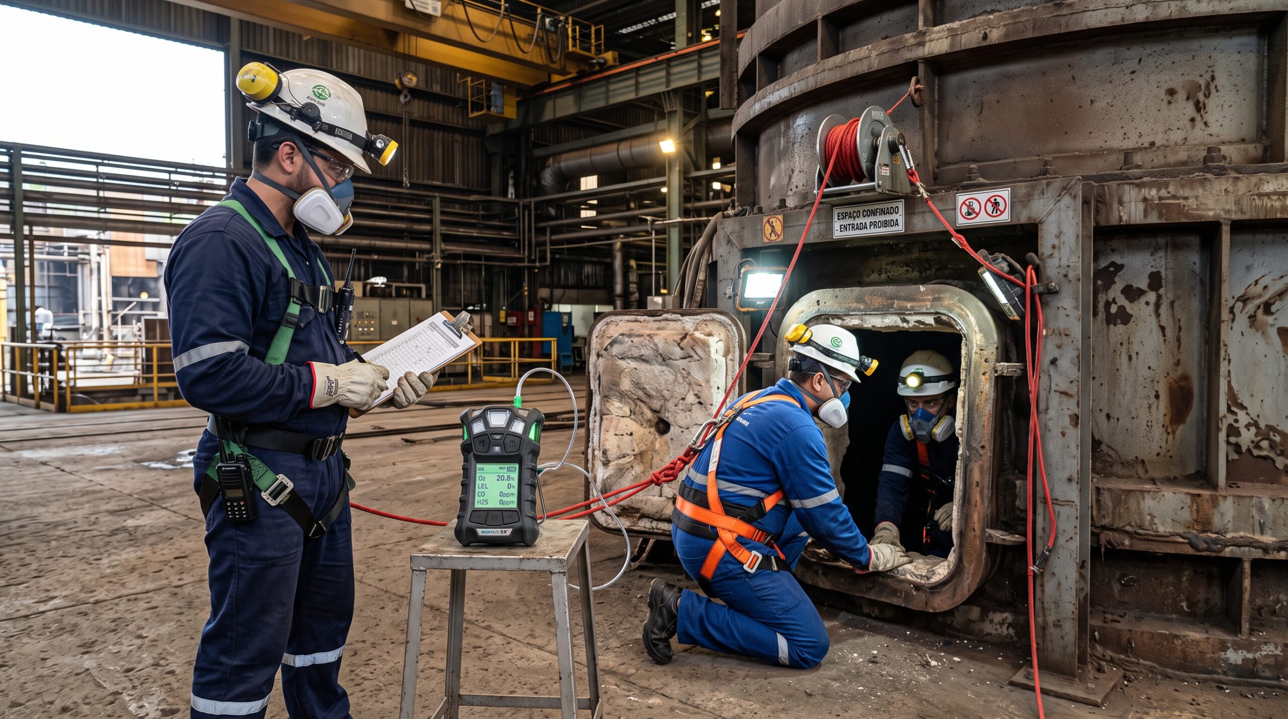 Equipe seguindo a NR-33 para entrada em espaço confinado industrial