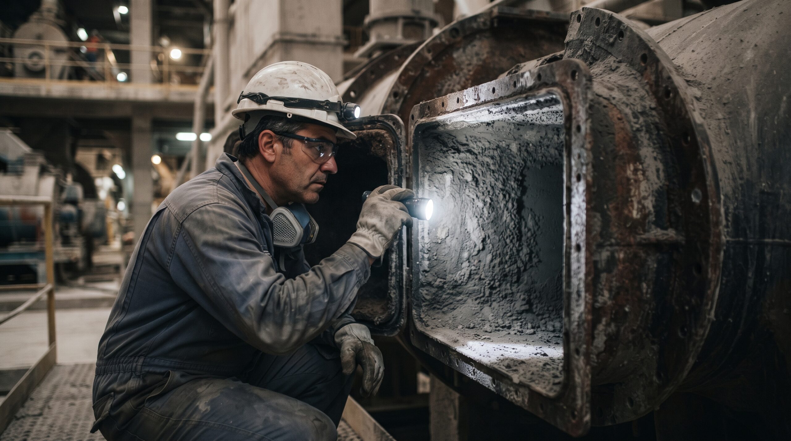 Técnico inspecionando duto industrial com poeira acumulada antes da limpeza de dutos industriais
