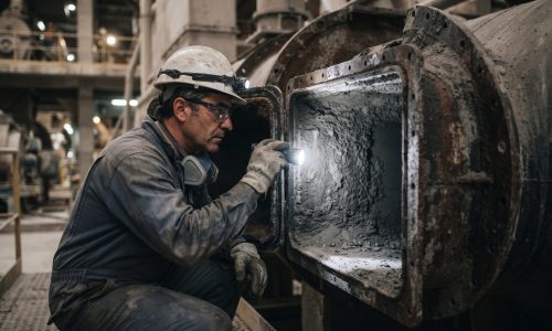 Técnico inspecionando duto industrial com poeira acumulada antes da limpeza de dutos industriais